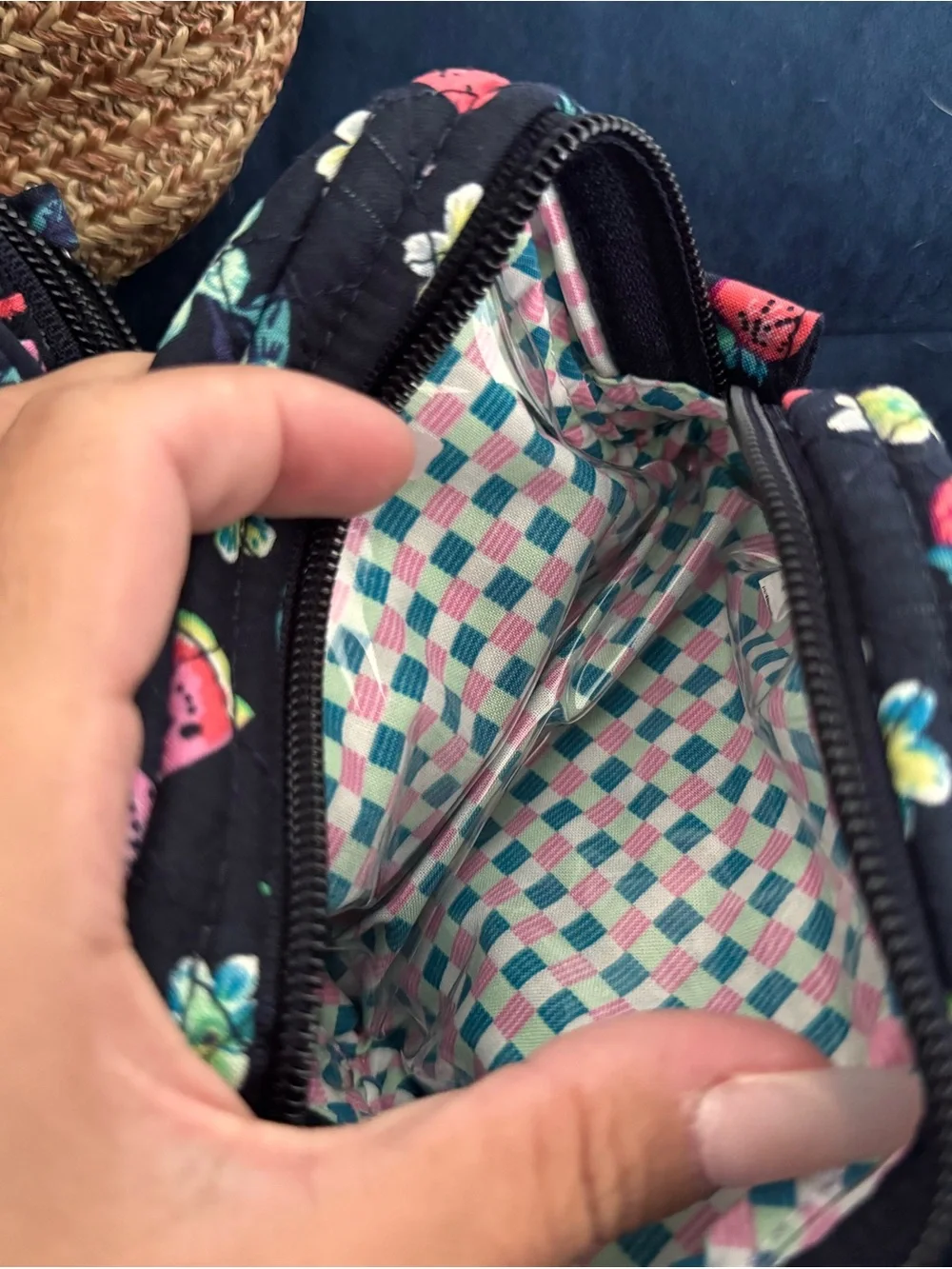 Vera Bradley Brown Straw Tote with Pink Fruit Embroidery  with wallet